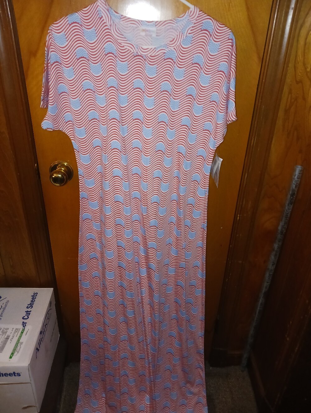 LuLaRoe Wave-Print Short-Sleeve Maxi Dress — Red & Light Blue